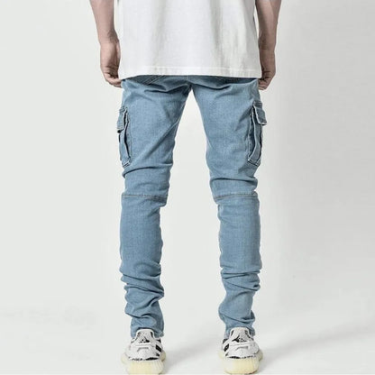 Street Elastic Jeans Men Denim Cargo Pants Wash Solid Color Multi