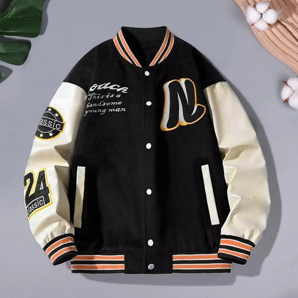 Spring Autumn Winter Jacket Men's Striped Letter Pattern Baseball Coat with Stand Collar Pockets Loose Long Sleeve for Mid