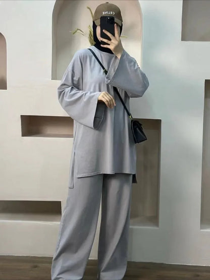 Two Piece Set Women Morocco Dubai Outfits Eid Ramadan Muslim Autumn Blouse Tops Wide Leg Pants Suit 2025 Femme Casual Ensemble