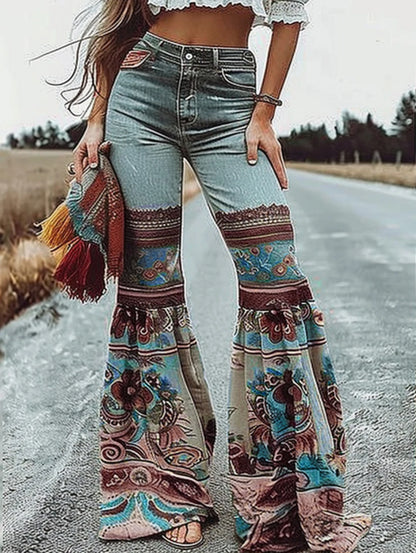 Womens Jeans Pants Autumn Winter Blue Vintage Floral Printed Bottoms with Pockets Woman High-Waisted Flared Denim Pants