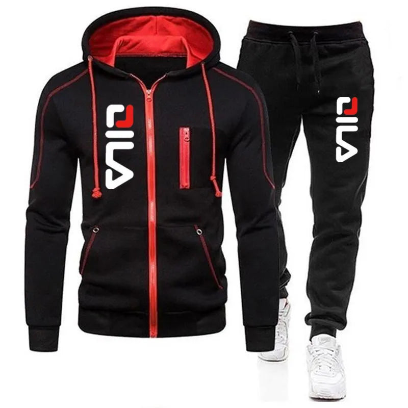 New Solid Men's Zipper jacket Hooded Pullover + Sweatpants Sports Casual Jogger Sportswear 2 Piece Male Fleece Streetwear Sets