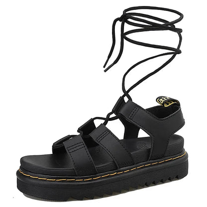 Black Cross-Tied Roman Sandalias De Mujer Verano Thick Flat Sole Heighten Sandaly Damskie Ankle Strap Peep Toe Huaraches Beach