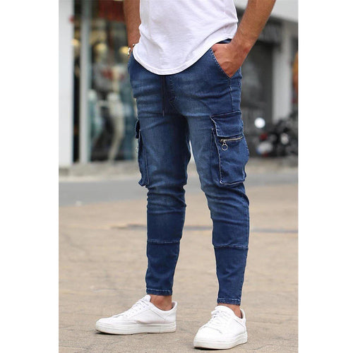 Fashion Streetwear Ripped Skinny Jeans Men Side Mulit Pockets Denim