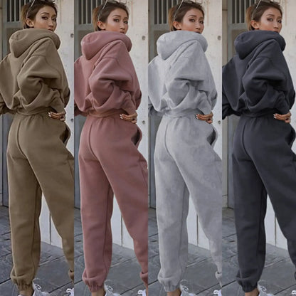 Ensemble de sport deux pièces pour femmes, sweat à capuche et pantalon, couleur unie, tenue sweat-shirt, survêtement automne-hiver 2024