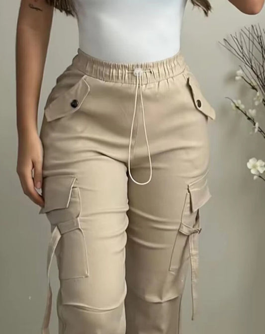 Pantalon cargo pour femme, mode automne 2024, poches, cordon de serrage, revers, décontracté, uni, long, polyvalent