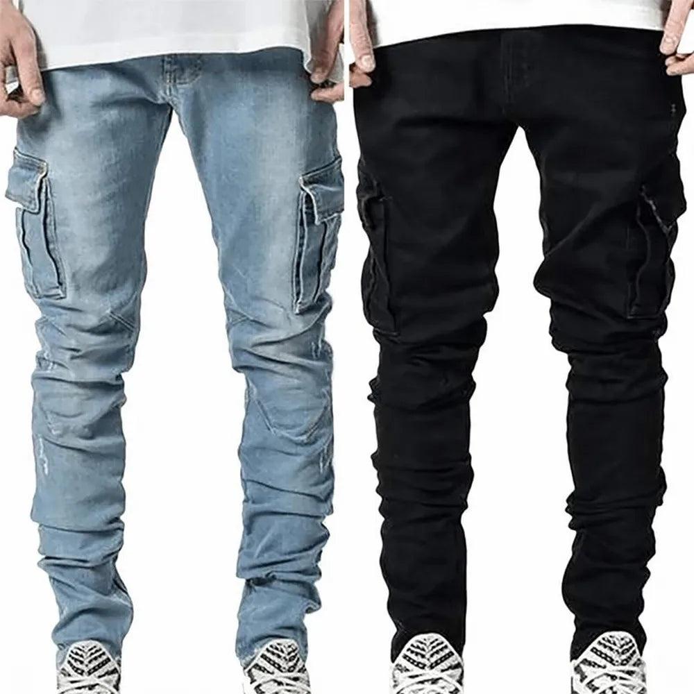 Street Elastic Jeans Men Denim Cargo Pants Wash Solid Color Multi 