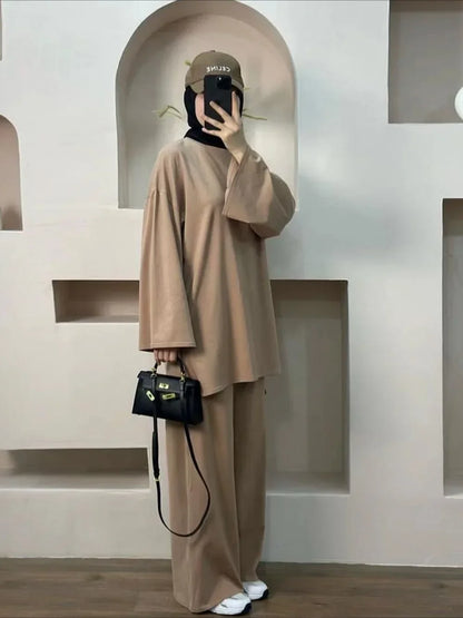 Two Piece Set Women Morocco Dubai Outfits Eid Ramadan Muslim Autumn Blouse Tops Wide Leg Pants Suit 2025 Femme Casual Ensemble