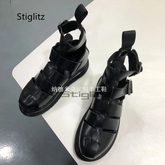 Men's High Top Cowhide Beach Shoes Genuine Leather Hollow Sandals Baotou Roman Sandals Breathable Buckle Strap Male Shoes Summer