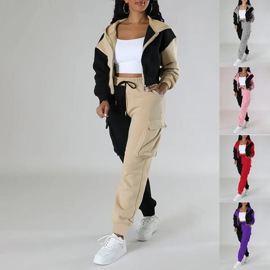 Women Loose Autumn Winter Two Pieces Suit Matching Sets Hoodie Tracksuit Blocked Zipper Short Outerwear Drawstring Cargo Pants