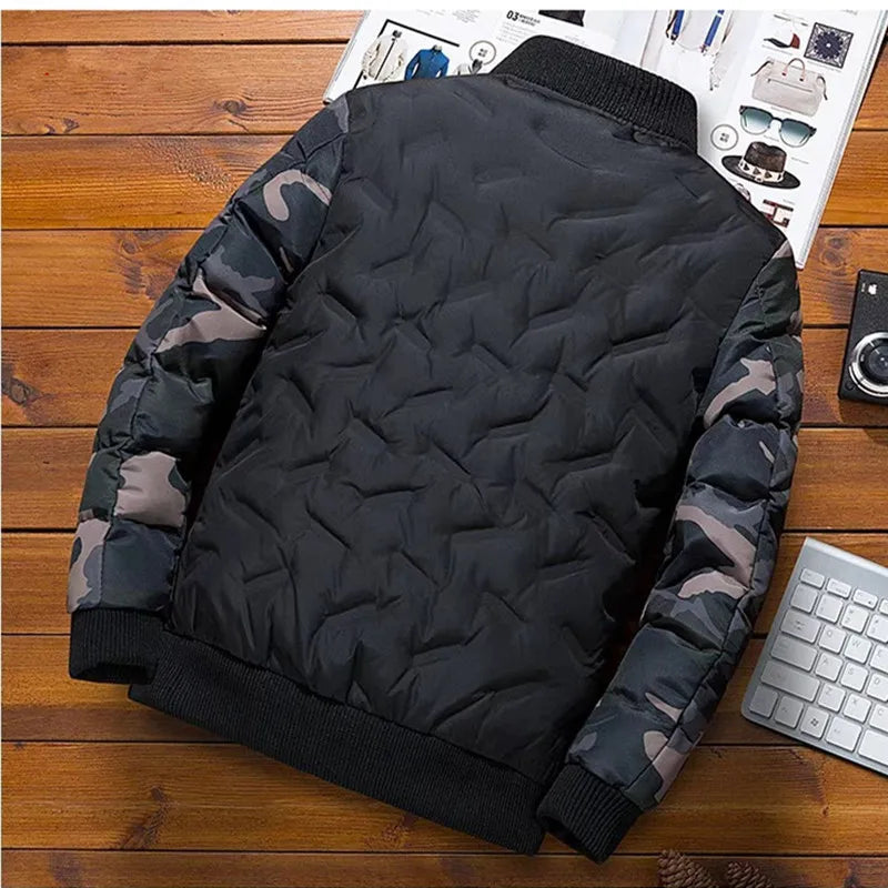 Men Winter Baseball Jacket Camouflage Patchwork Cotton Coats Slim Fit College Warm Jackets Men's Stand Collar Outwear Coat