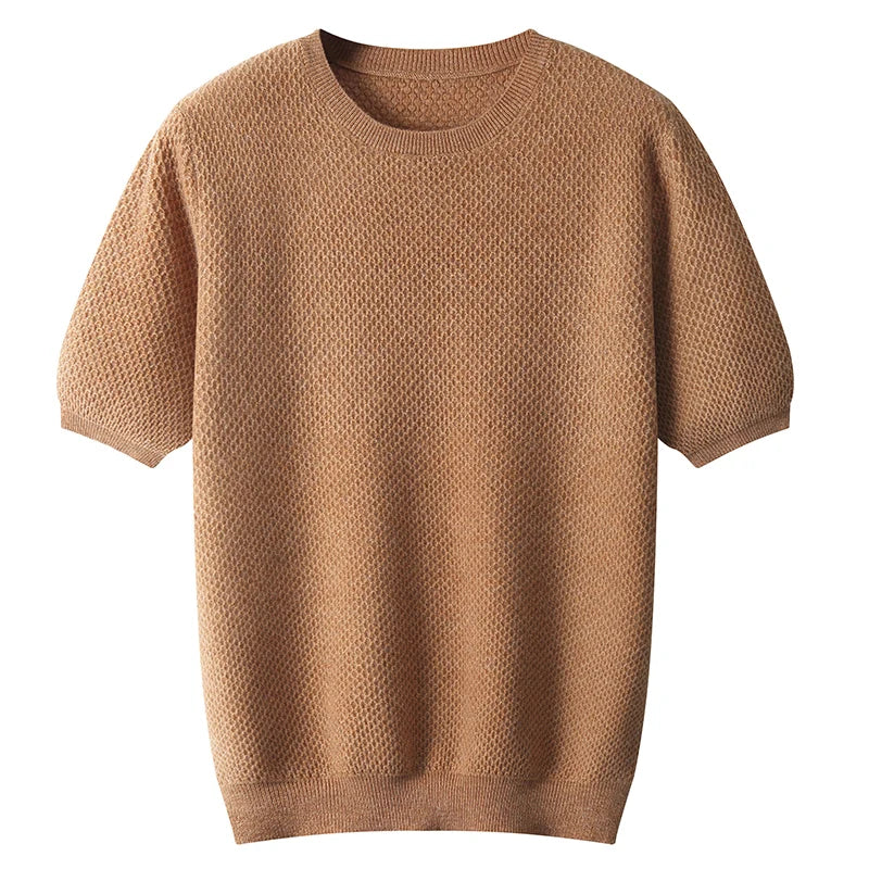 Men's T-neck pullover with short sleeves 100% pure wool sweater spring and summer new sweater solid color trend top