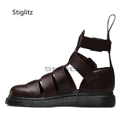 Men's High Top Cowhide Beach Shoes Genuine Leather Hollow Sandals Baotou Roman Sandals Breathable Buckle Strap Male Shoes Summer