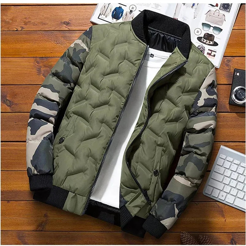 Veste de baseball d'hiver pour homme, manteau en coton patchwork camouflage, coupe slim, veste chaude à col montant pour homme