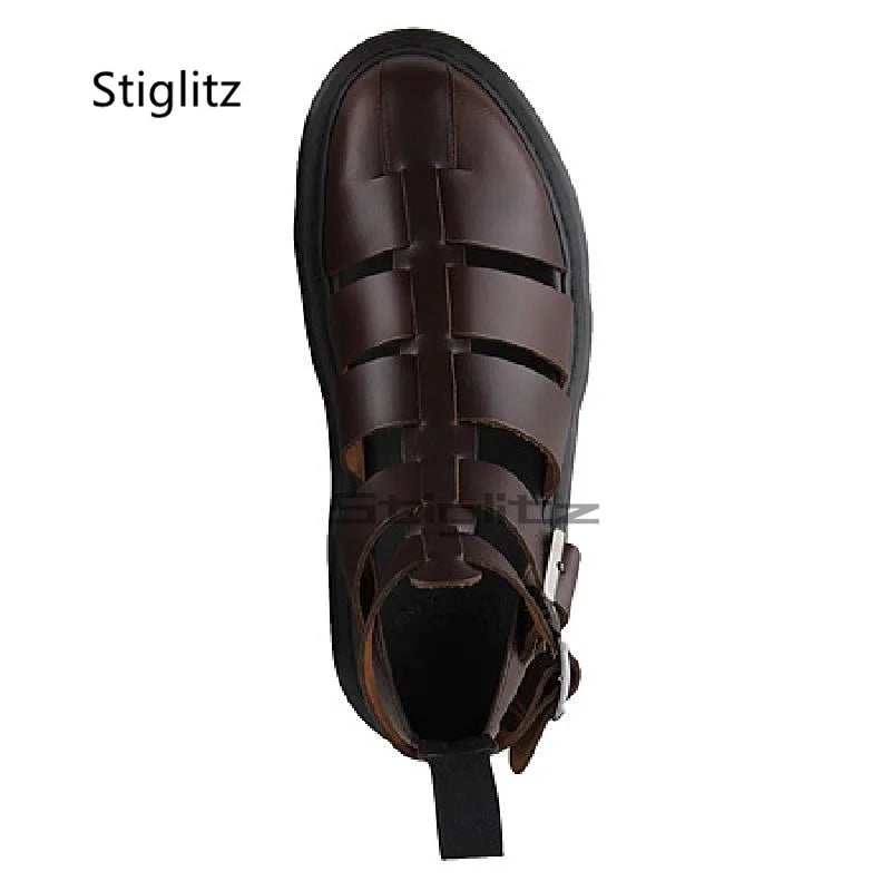 Men's High Top Cowhide Beach Shoes Genuine Leather Hollow Sandals Baotou Roman Sandals Breathable Buckle Strap Male Shoes Summer