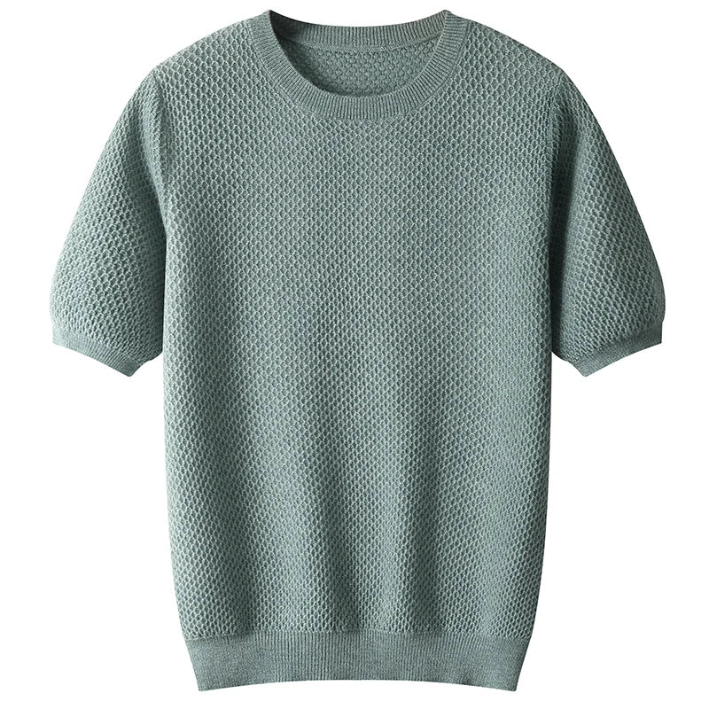 Men's T-neck pullover with short sleeves 100% pure wool sweater spring and summer new sweater solid color trend top