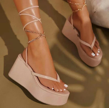 Sandales compensées sexy pour femmes, chaîne en métal, gladiateur d'été, plateforme, clip, bride à la cheville, chaussures pour dames, sandales tendance