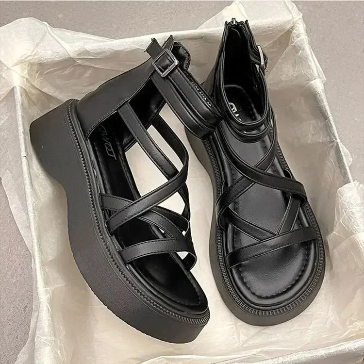 Thick Heel Women Sandals Women's New Hollow Open Toe Shoes Fashion Casual Sandals Female Designer Flat Roman Shoes Summer 2025