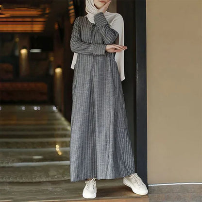 Streetwear Plus Size Vintage Long Sleeve Striped Cotton Linen Dress