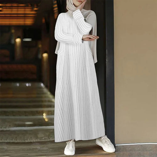 Streetwear Plus Size Vintage Long Sleeve Striped Cotton Linen Dress