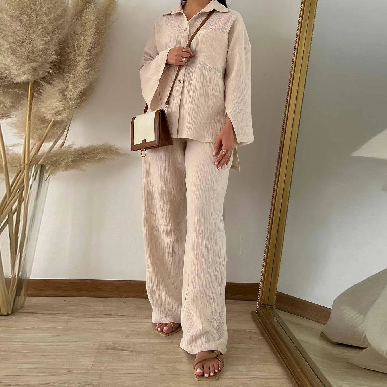 Eid Muslim Women Two Piece Set Splice Pocket Shirt Wide Leg Pants Ensemble Dubai Arab Islamic Ramadan Outfit Casual Suits