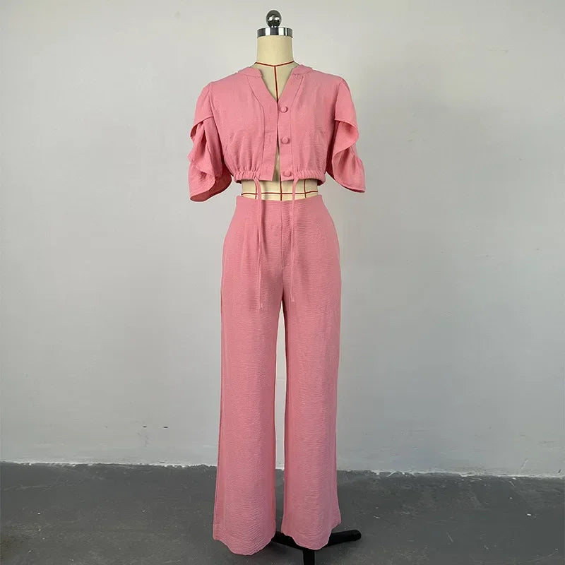 Ensemble 2 pièces pour femme, tenue décontractée d'été à la mode, col en V, manches évasées, haut à lacets et pantalon large