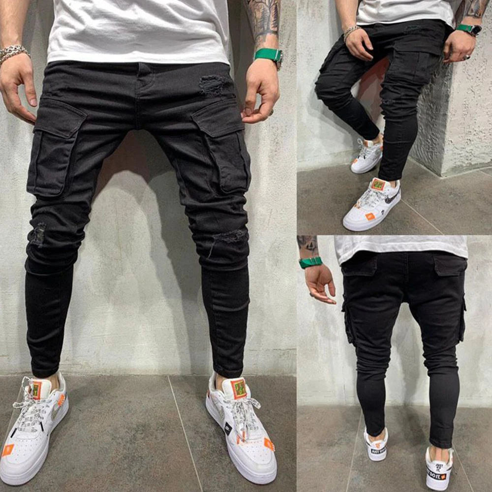 Fashion Streetwear Ripped Skinny Jeans Men Side Mulit Pockets Denim