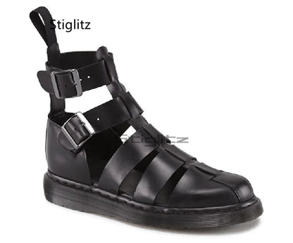 Men's High Top Cowhide Beach Shoes Genuine Leather Hollow Sandals Baotou Roman Sandals Breathable Buckle Strap Male Shoes Summer