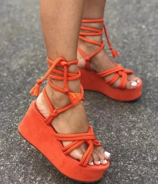 Toe Cross Tied Height Increase Open Toe Femme Sandal Plus 2024 Summer New Platform Wedge Sandals for Women Fashion Round