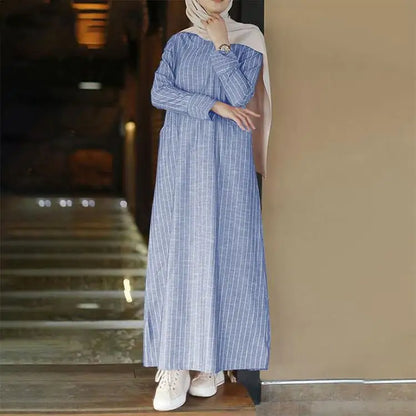 Streetwear Plus Size Vintage Long Sleeve Striped Cotton Linen Dress