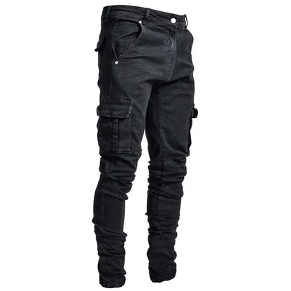 Street Elastic Jeans Men Denim Cargo Pants Wash Solid Color Multi