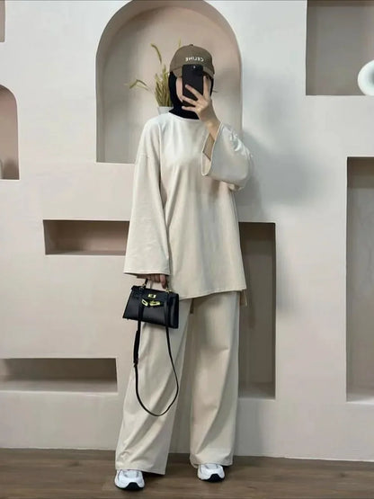 Two Piece Set Women Morocco Dubai Outfits Eid Ramadan Muslim Autumn Blouse Tops Wide Leg Pants Suit 2025 Femme Casual Ensemble