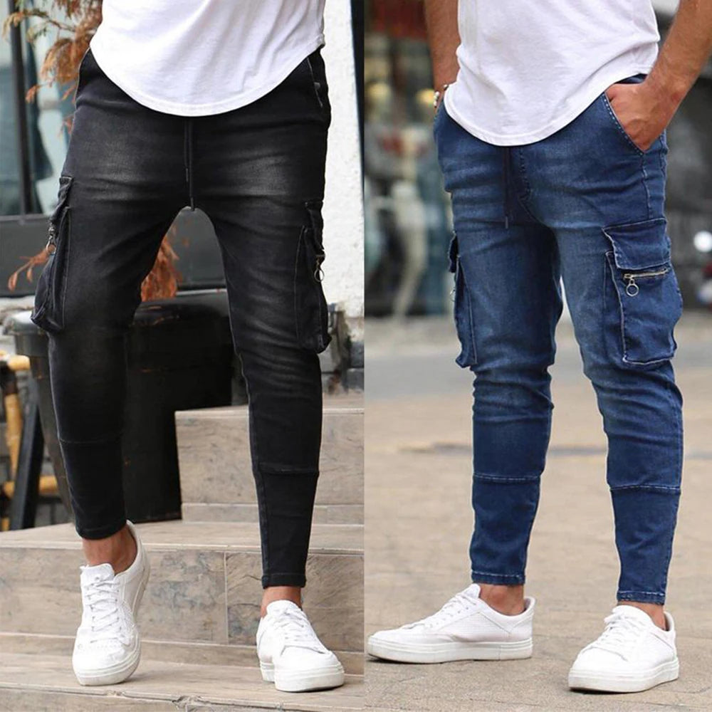 Fashion Streetwear Ripped Skinny Jeans Men Side Mulit Pockets Denim