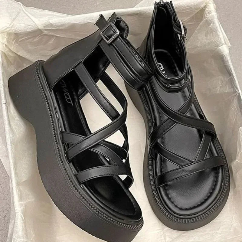 Thick Heel Women Sandals Women's New Hollow Open Toe Shoes Fashion Casual Sandals Female Designer Flat Roman Shoes Summer 2025