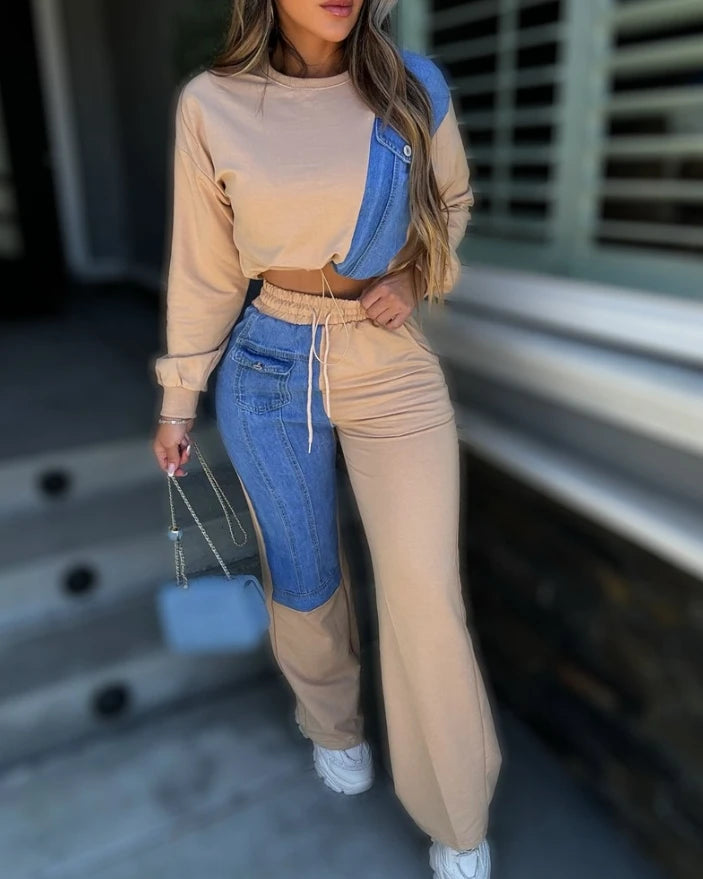 Women's fashion casual 2-piece set long sleeved patch cut drawstring sports shirt high waisted pants set sports suit