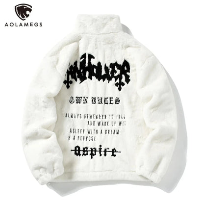 Men's Rabbit Fur Jacket Coats Hip Hop Retro Letter Print Autumn Fleece