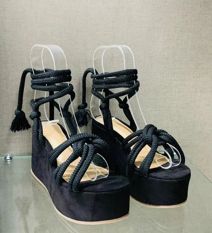 Platform Wedge Strappy Sandals Women Fashion Round Toe Cross Tied Height Increase Open Toe Women Sandals 2023