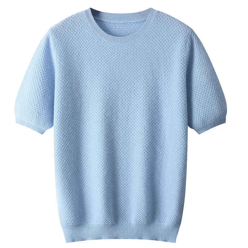 Men's T-neck pullover with short sleeves 100% pure wool sweater spring and summer new sweater solid color trend top