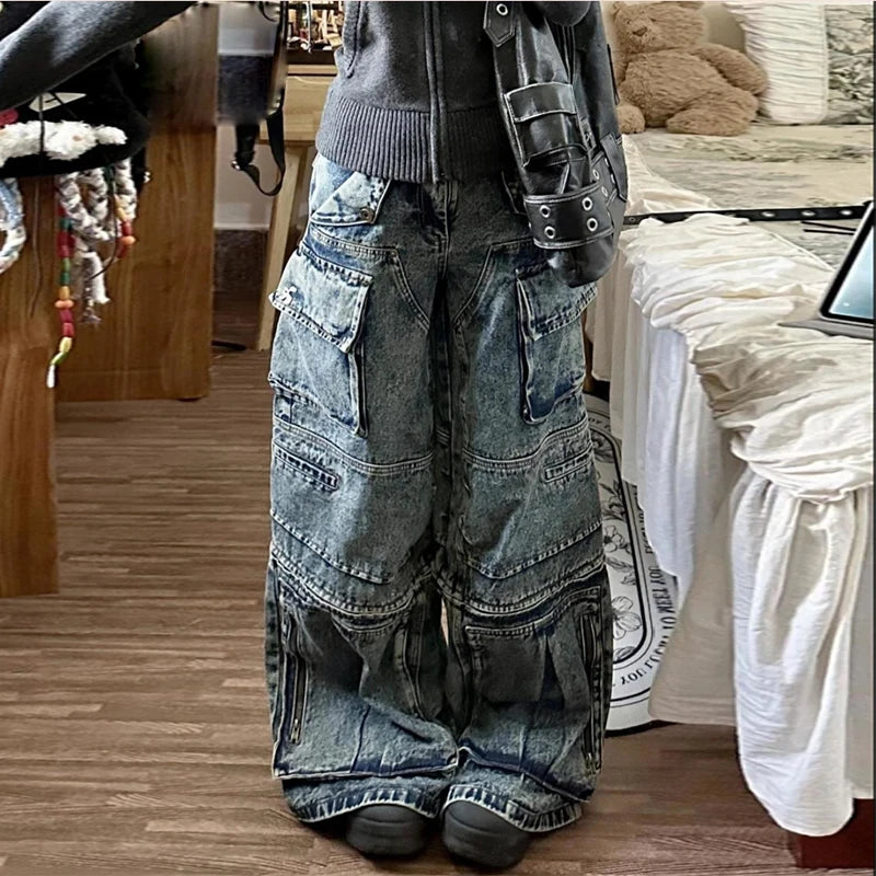 Stylish High Street Multi-Pocket High Waist Jeans Cargo Pants Women American Vintage Wide Leg Jeans Harajuku Hip Hop Y2k Jeans