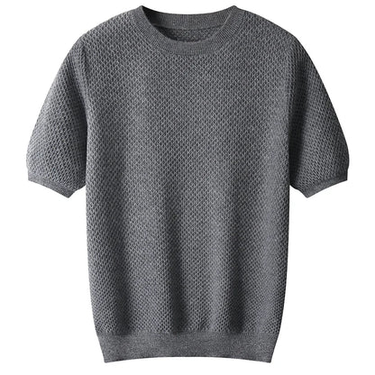 Men's T-neck pullover with short sleeves 100% pure wool sweater spring and summer new sweater solid color trend top