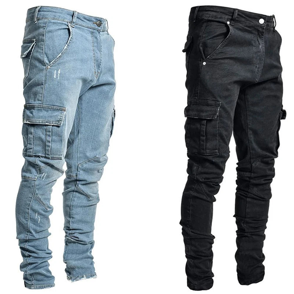 Fashion Streetwear Ripped Skinny Jeans Men Side Mulit Pockets Denim