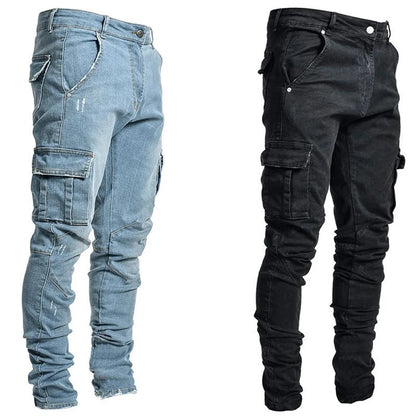 Jean skinny déchiré pour homme, style streetwear, poches latérales multiples, denim