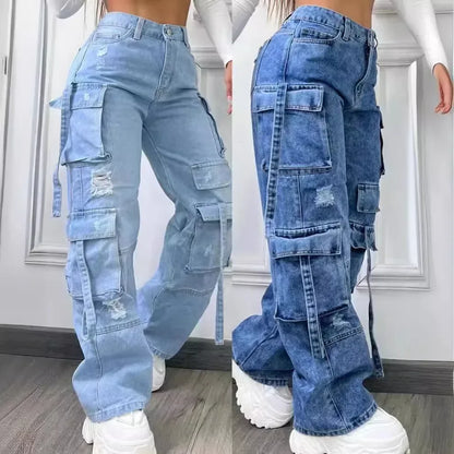 Women Denim Trousers Fashionable Solid Color Versatile Multi-pocket Casual Pants Ladies Large Size High Waist Denim 2025