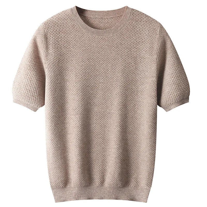 Men's T-neck pullover with short sleeves 100% pure wool sweater spring and summer new sweater solid color trend top