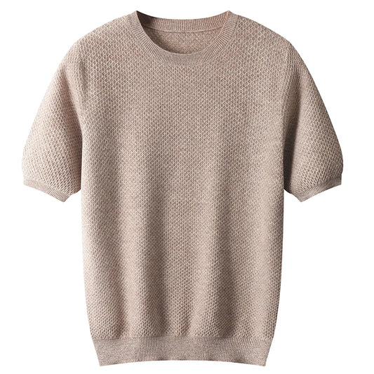 Pull col T homme manches courtes 100% pure laine printemps et été nouveau pull couleur unie tendance haut