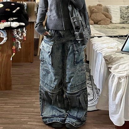 Stylish High Street Multi-Pocket High Waist Jeans Cargo Pants Women American Vintage Wide Leg Jeans Harajuku Hip Hop Y2k Jeans