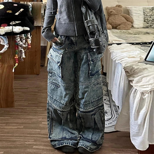 Stylish High Street Multi-Pocket High Waist Jeans Cargo Pants Women American Vintage Wide Leg Jeans Harajuku Hip Hop Y2k Jeans