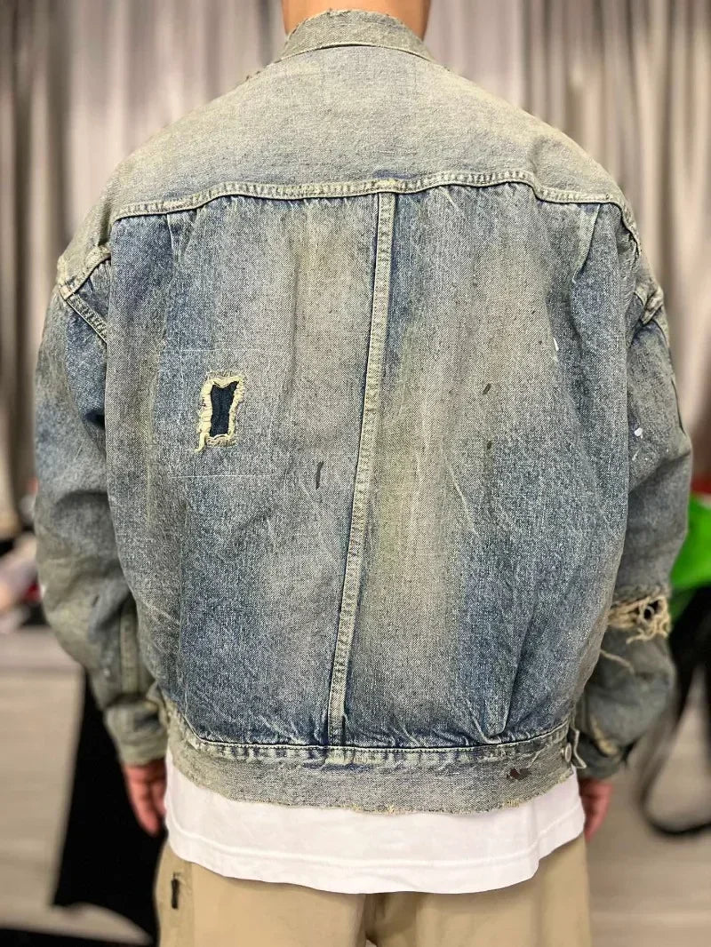 24ss Oversized SAINT MICHAEL Denim Jackets Women 1:1 Top Quality Washed Damaged Jackets Men Clothing