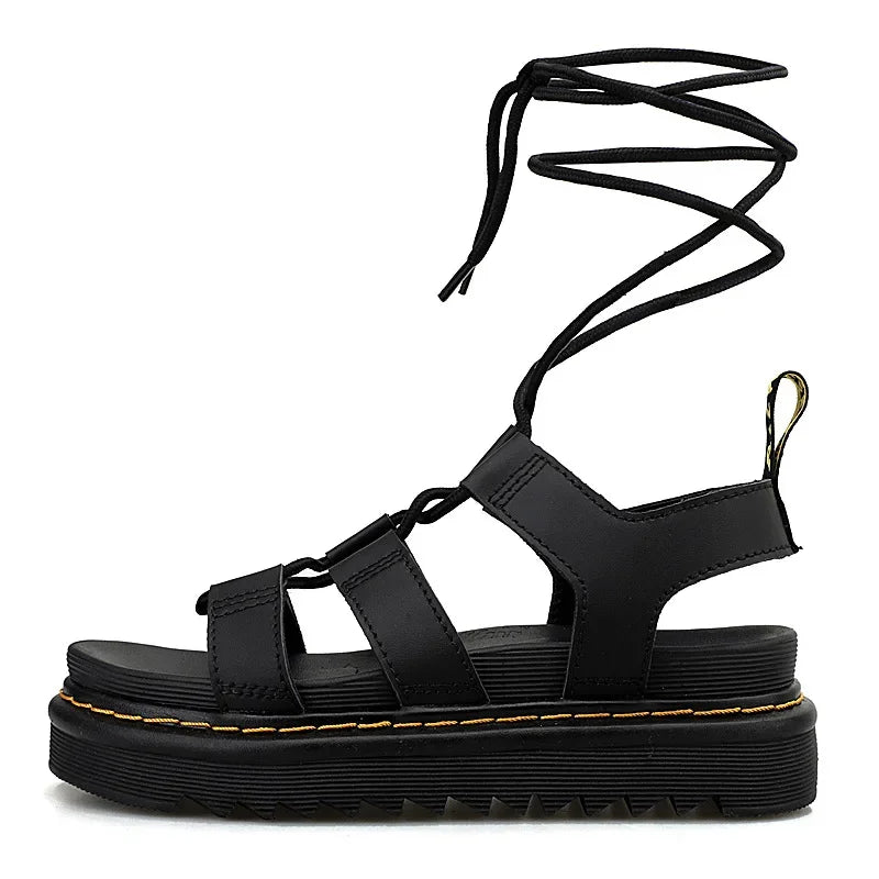 Black Cross-Tied Roman Sandalias De Mujer Verano Thick Flat Sole Heighten Sandaly Damskie Ankle Strap Peep Toe Huaraches Beach