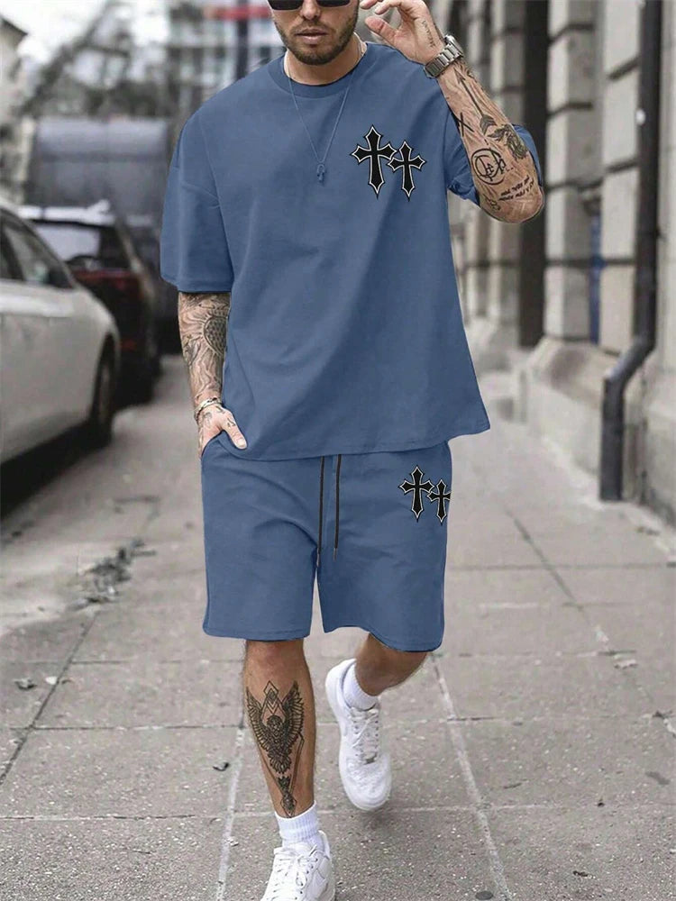 Conjunto De Verano Para Hombre Con Estampado Cruzado Camiseta De Manga Corta Y Shorts Estilo Casual Moda Temperamento 2 Piezas Para Calle Vacaciones