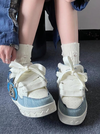 2024 Spring New Thick-Soled All-Match Casual Sneakers Female Couple National Trend Niche Denim Blue Couple Bread Shoes Male